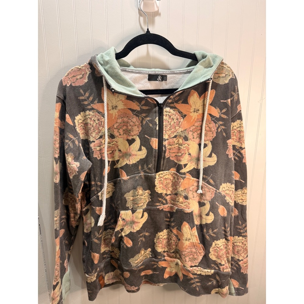 Ampersand Avenue Floral Quarter Zip Hoodie XXL Grey Lily Pullover Sweatshirt
